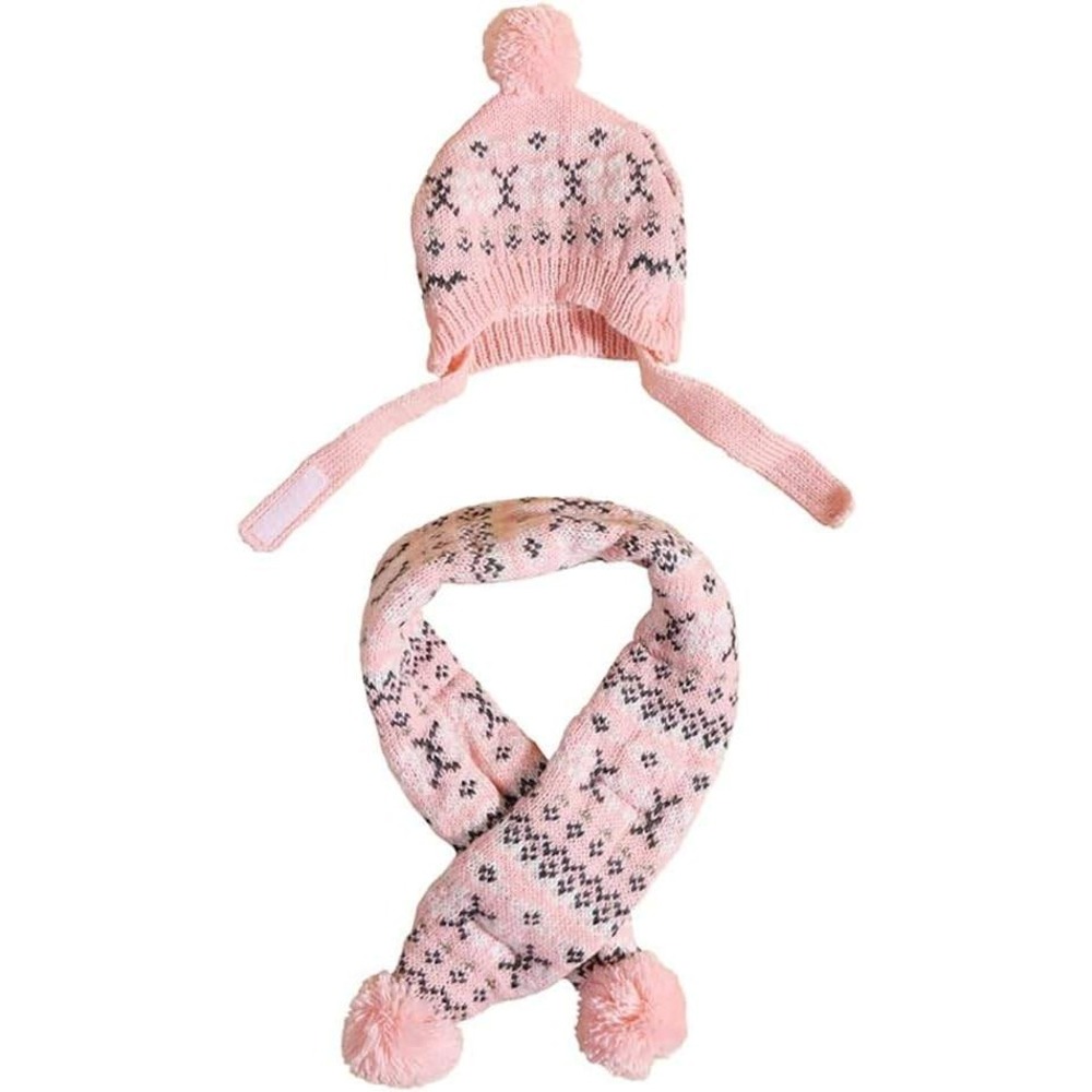 Pink Fairβ Isle Knit Dog Hat and Scarf Set with Pom Poms Small Medium Pet Winter